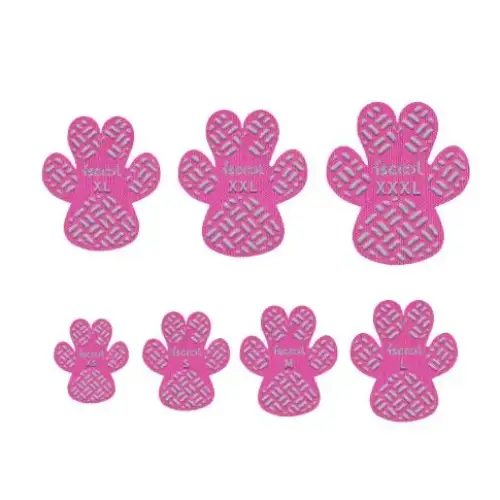 Pink paw-shaped pet mats in various sizes, featuring a textured diamond pattern and labeled with size indicators.