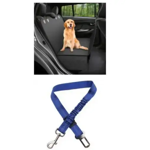 Blue elastic pet car seat belt with metal hooks and safety clips