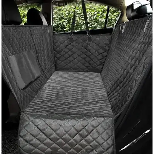 Black quilted car seat cover with a diamond-stitched pattern and a small pocket on the side.