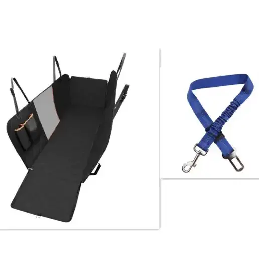 Black pet car seat with gray mesh panel and side pockets, paired with a blue elastic safety harness.