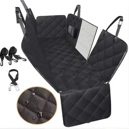 Black quilted pet car seat cover with mesh panel and adjustable straps.