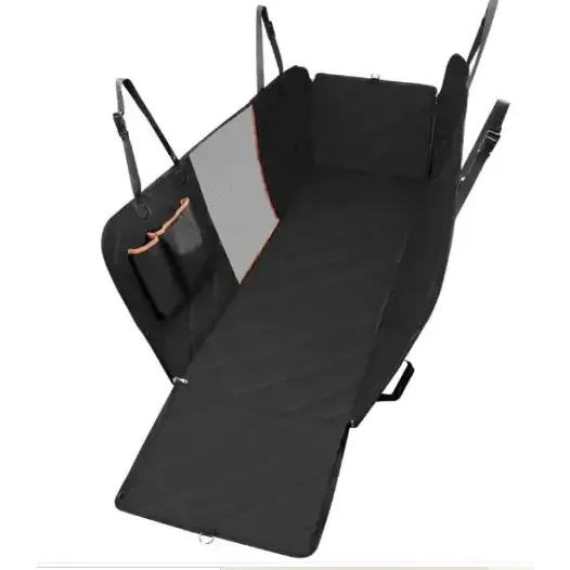 Black quilted pet car seat cover with gray and orange accents, featuring adjustable straps and a side pocket.