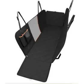 Black quilted pet car seat cover with gray and orange accents, featuring adjustable straps and a side pocket.