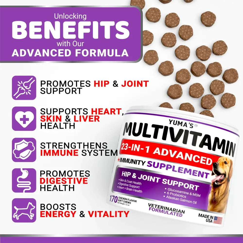 Yuma’s 23-in-1 advanced multivitamin for dogs, a white and purple cylindrical container with a label featuring an image of a golden retriever, holds chicken-flavored soft chews designed to support hip & joint health.