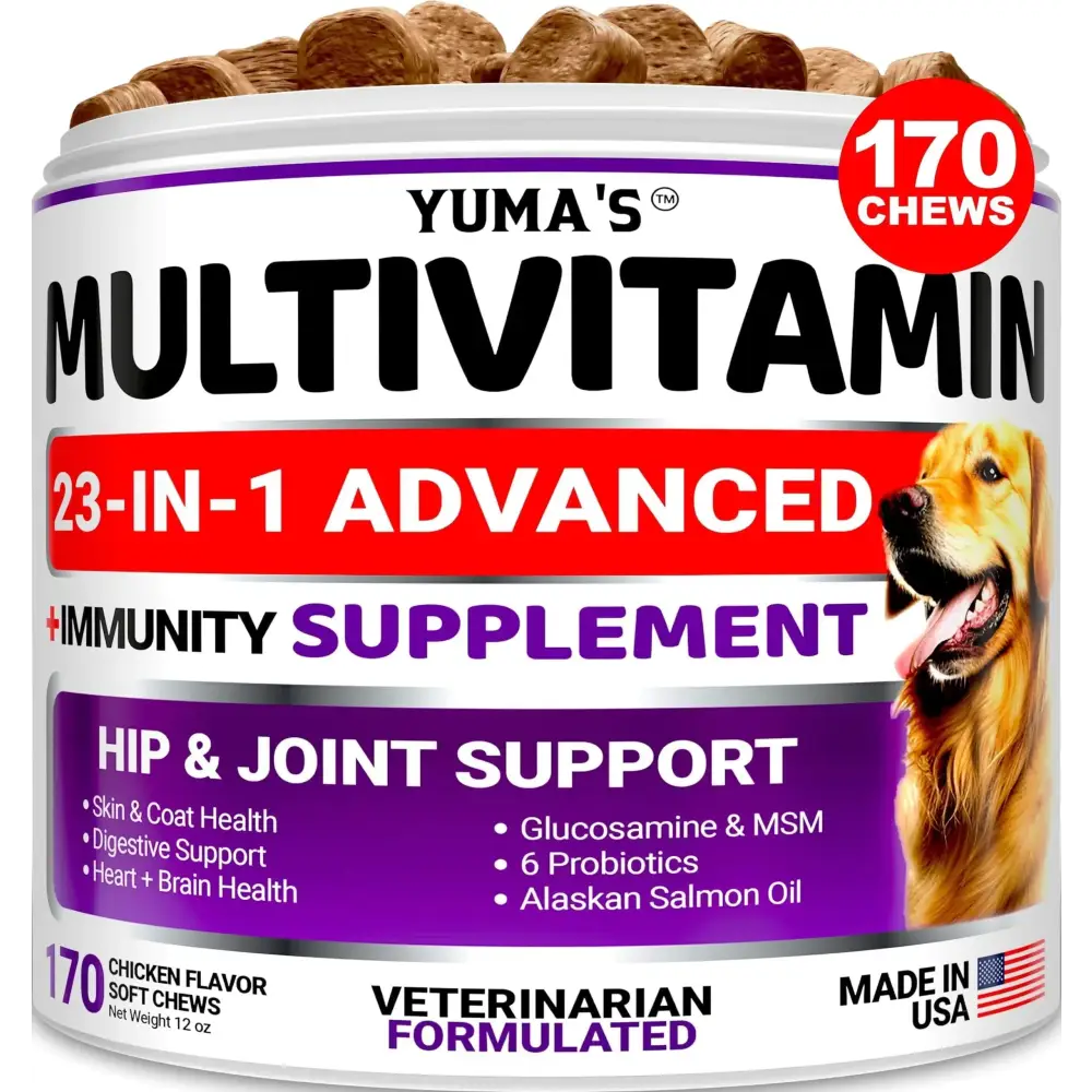 Yuma’s 23-in-1 advanced multivitamin immunity supplement in a white container with purple and red accents, featuring chicken-flavored soft chews for hip & joint support.