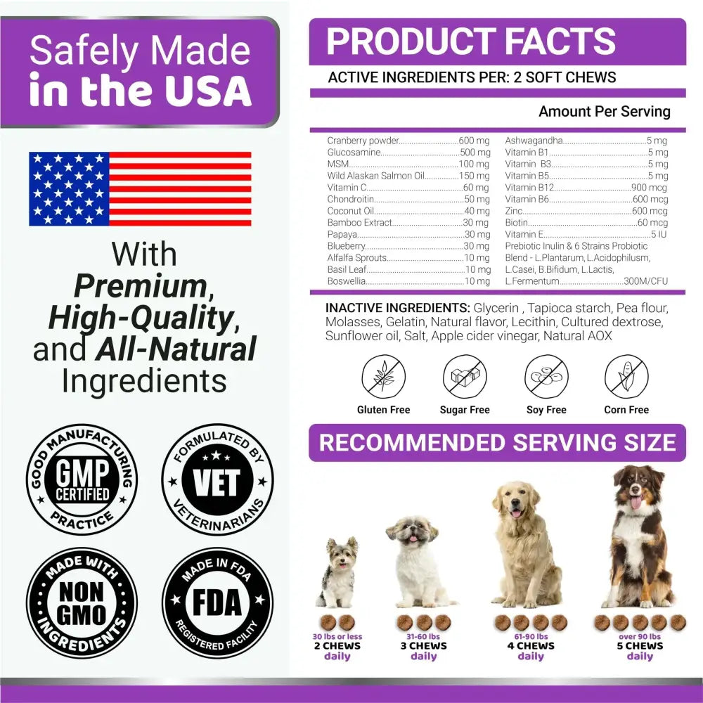 Purple and white label for a dog supplement product featuring active ingredients like cranberry powder, msm, and wild alaskan salmon oil.