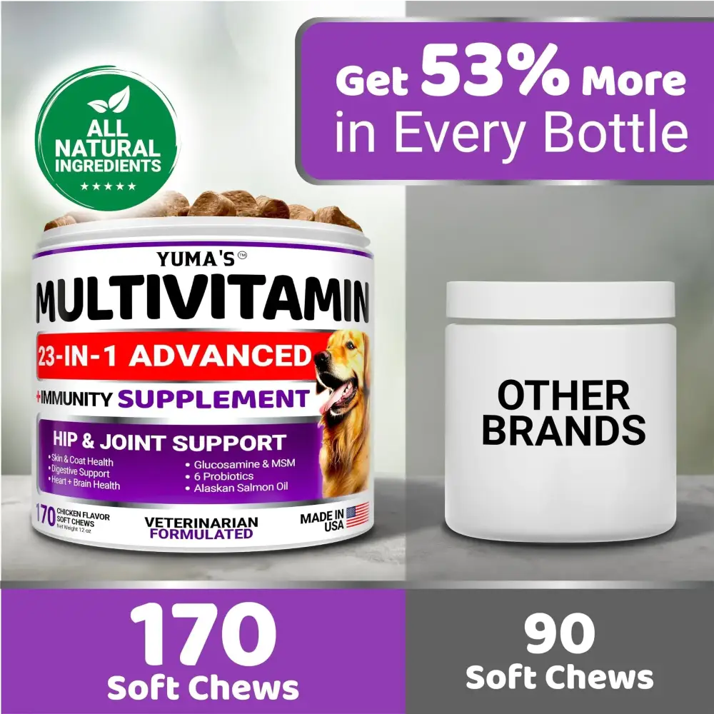 Yuma’s 23-in-1 advanced multivitamin for dogs, featuring chicken flavor soft chews in a white and purple container with an image of a golden retriever.