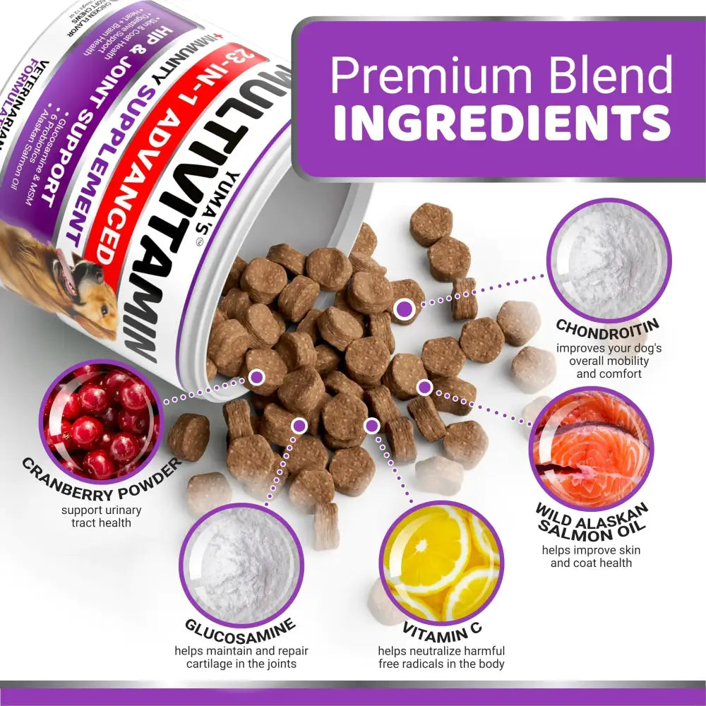 Brown, round dog supplements spilling from a white and purple labeled container.