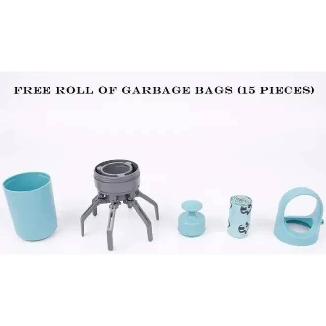 Gray plastic garbage bag dispenser with spider-like legs and a cylindrical roll holder