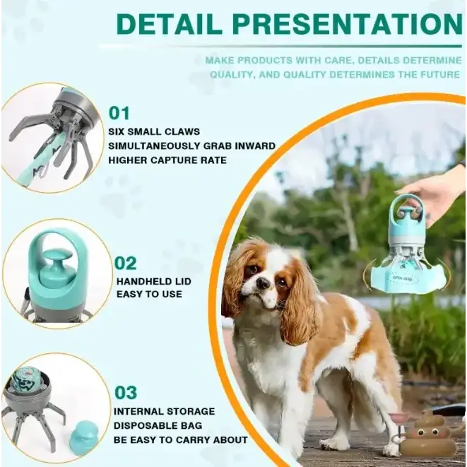Light blue and gray handheld dog waste picker with six small claws for efficient capture.