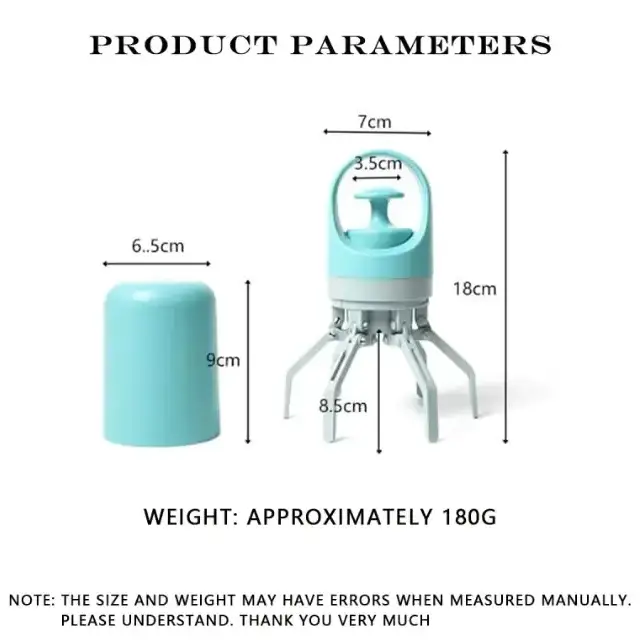 Light blue plastic handheld blender with a matching lid and four metallic legs.