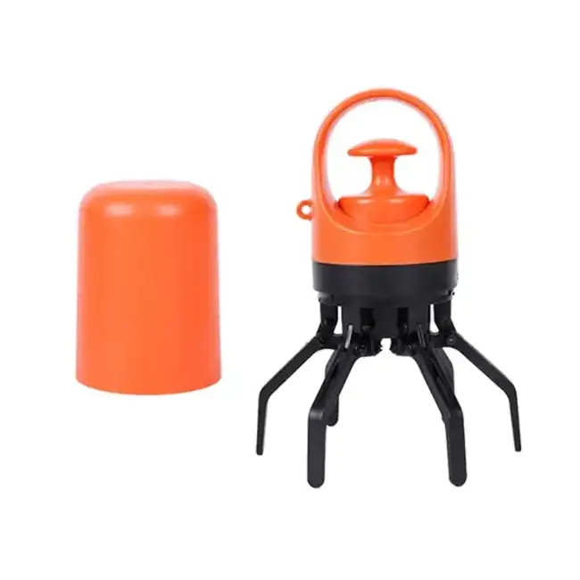 Orange and black plastic water pump with a handle, six articulated legs for mobility