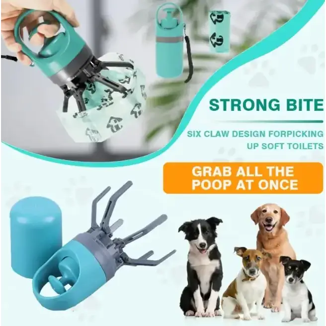 Teal and gray plastic dog waste picker with six claw design for picking up soft poop.