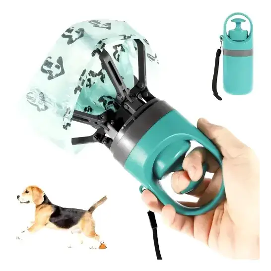 Teal plastic dog waste pickup tool with black metal arms and a patterned translucent bag