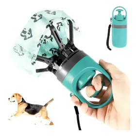 Teal plastic dog waste pickup tool with black metal arms and a patterned translucent bag