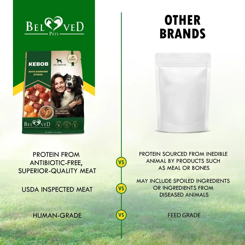 Beloved pets kebob dog food with rawhide sticks in a green and beige bag featuring an image of a woman holding a black and white dog.