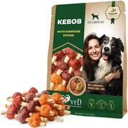 Kebob brand organic dog treats with rawhide sticks, featuring chicken, duck, and liver in a 10.6 oz package.