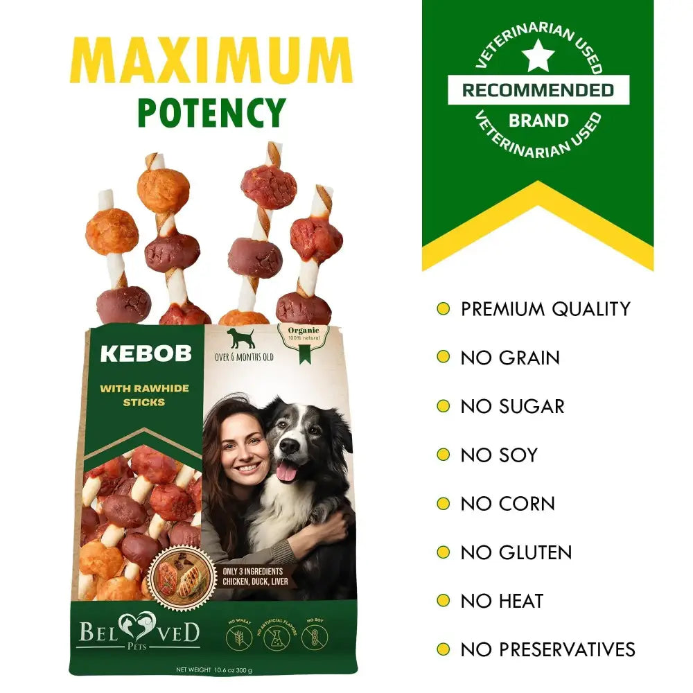 Beloved pets kebob dog treats, featuring rawhide sticks with chicken and liver flavor in a green package.