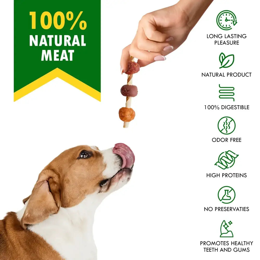 A hand holds a skewer with three round, natural meat treats in varying shades of brown and reddish-brown.