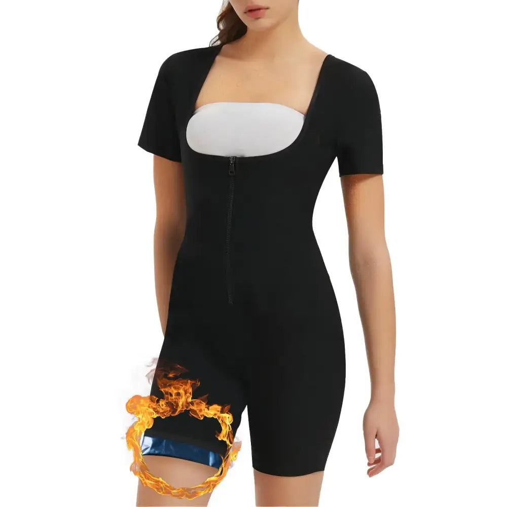 Black short-sleeved bodycon shapewear with a white underbust panel and front zipper, featuring flame graphic detailing at the thigh.