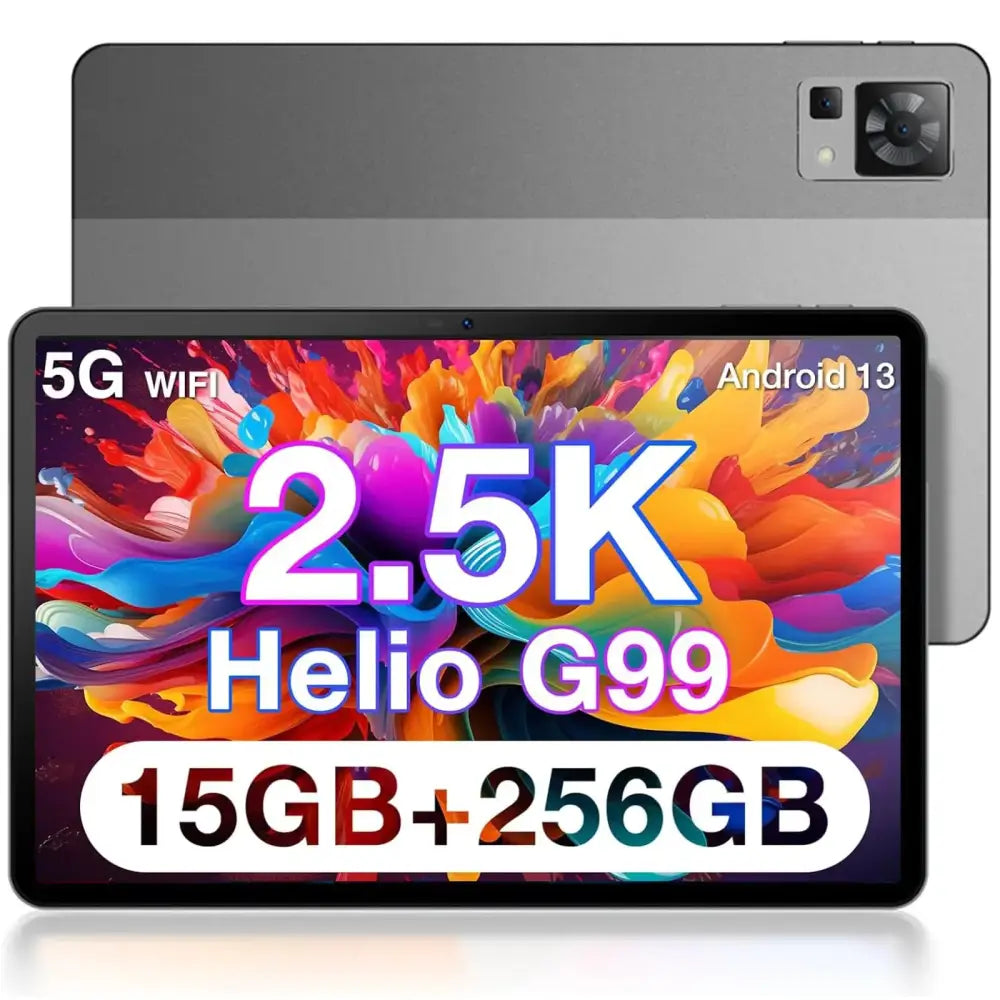 Gray tablet with a 2.5k display, helio g99 processor, and android 13 operating system.