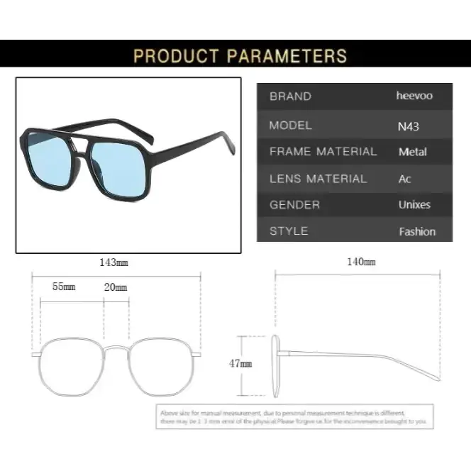 Black metal-framed sunglasses with light blue lenses, model n43 by heevo.