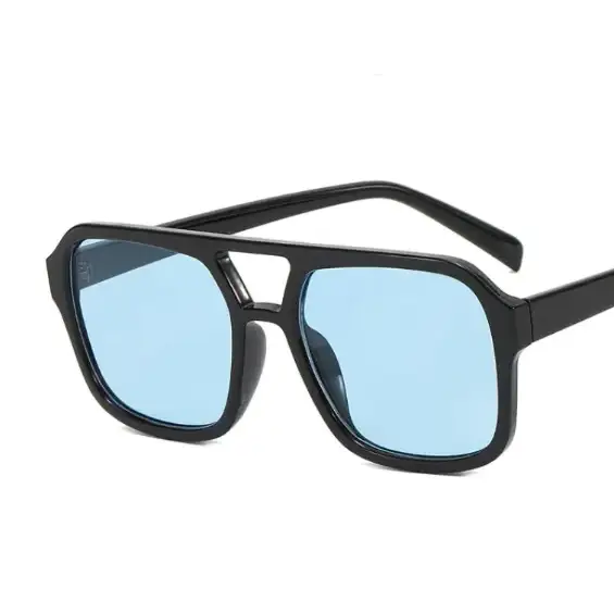 Black-framed sunglasses with light blue lenses.