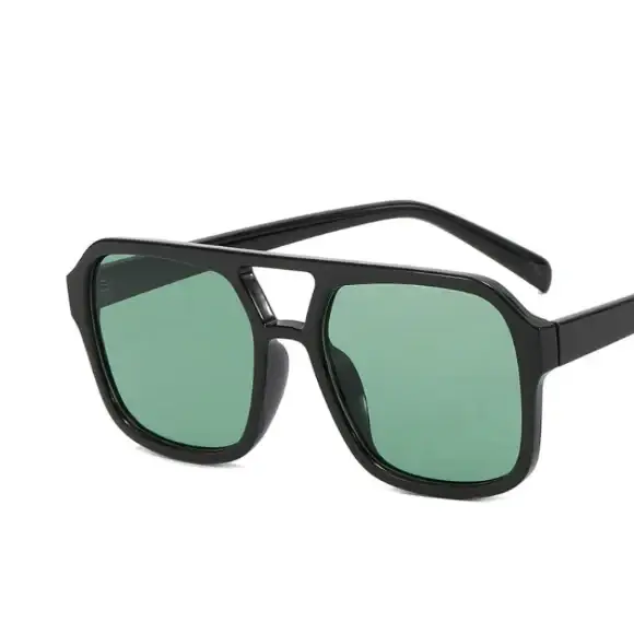Black aviator sunglasses with green-tinted lenses and a sleek, rectangular frame design.