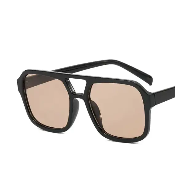 Black aviator sunglasses with tan-tinted lenses and a sleek, modern frame design.
