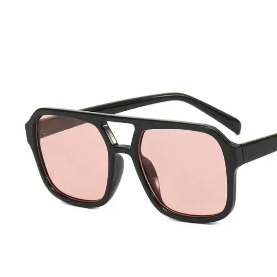 Black-framed aviator sunglasses with pink-tinted lenses.