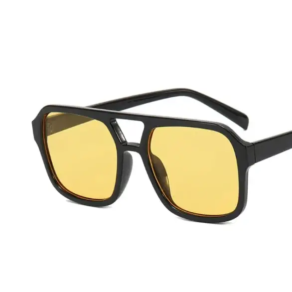 Black-framed sunglasses with bold, rectangular yellow lenses.