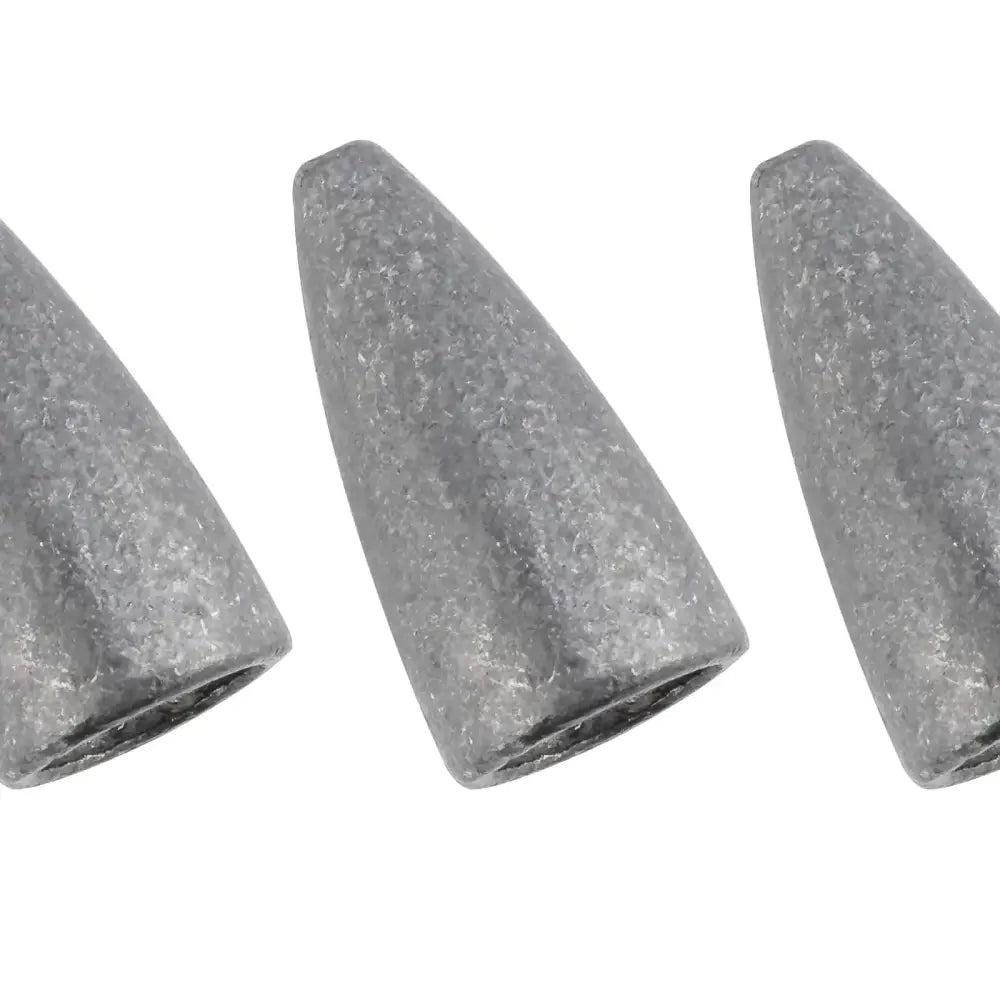 Gray, cone-shaped fishing sinkers with a textured, metallic surface.