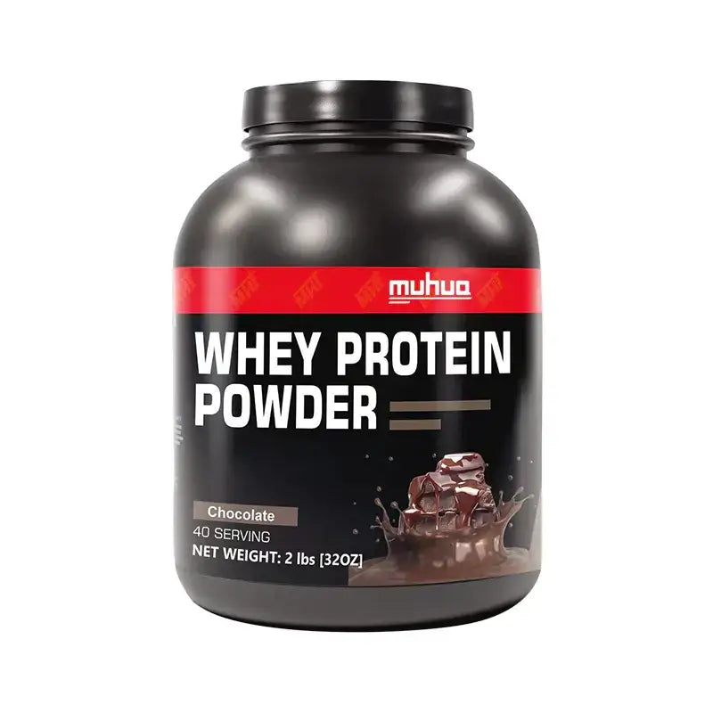Black plastic container of muhua brand whey protein powder in chocolate flavor.