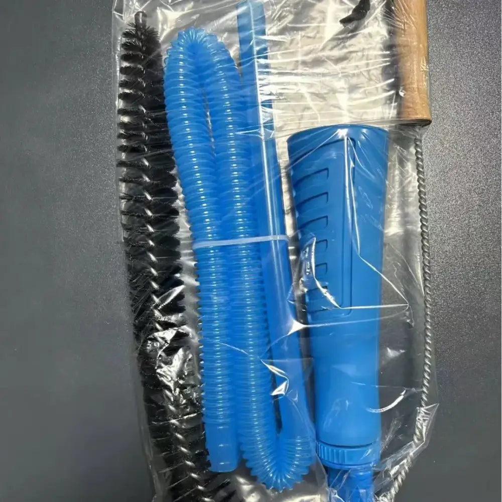 Blue plastic drain snake with flexible corrugated body and textured grip handle
