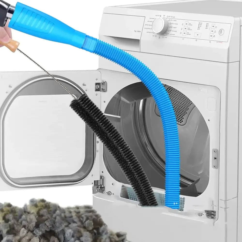 Blue flexible hose with black bristle brush attachment for cleaning dryer lint