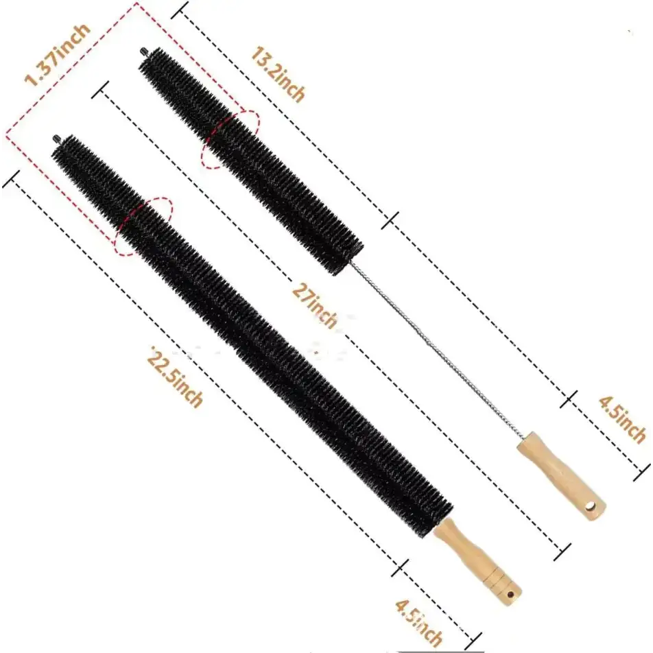 Set of three black bristle cleaning brushes with wooden handles, varying in length from 1.37 to 27 inches.