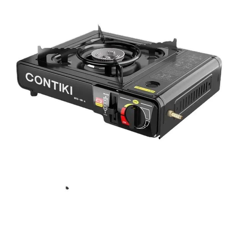 Black contiki portable gas stove with a single burner, control knob, and fuel valve.
