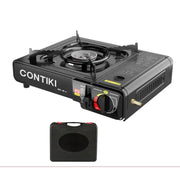 Black contiki portable gas stove with a single burner and control knob, shown alongside its matching carrying case.