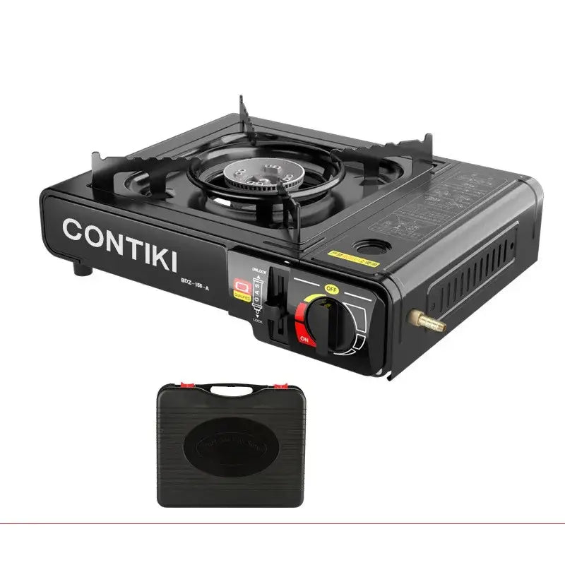 Black contiki portable gas stove with a single burner and control knob, shown alongside its matching carrying case.