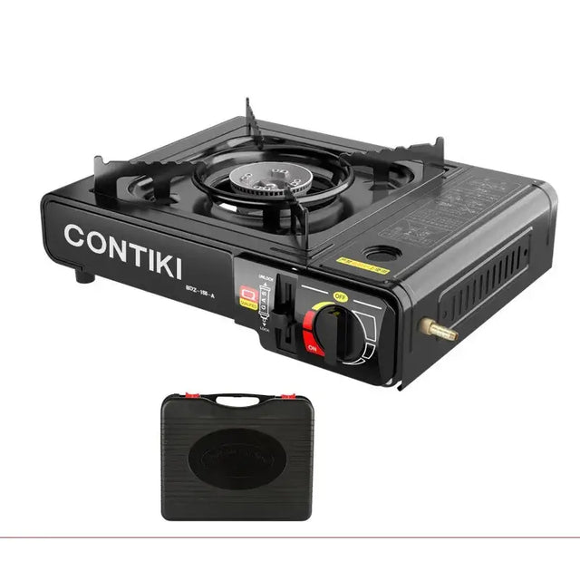 Black contiki portable gas stove with a single burner and control knob, shown alongside its matching carrying case.