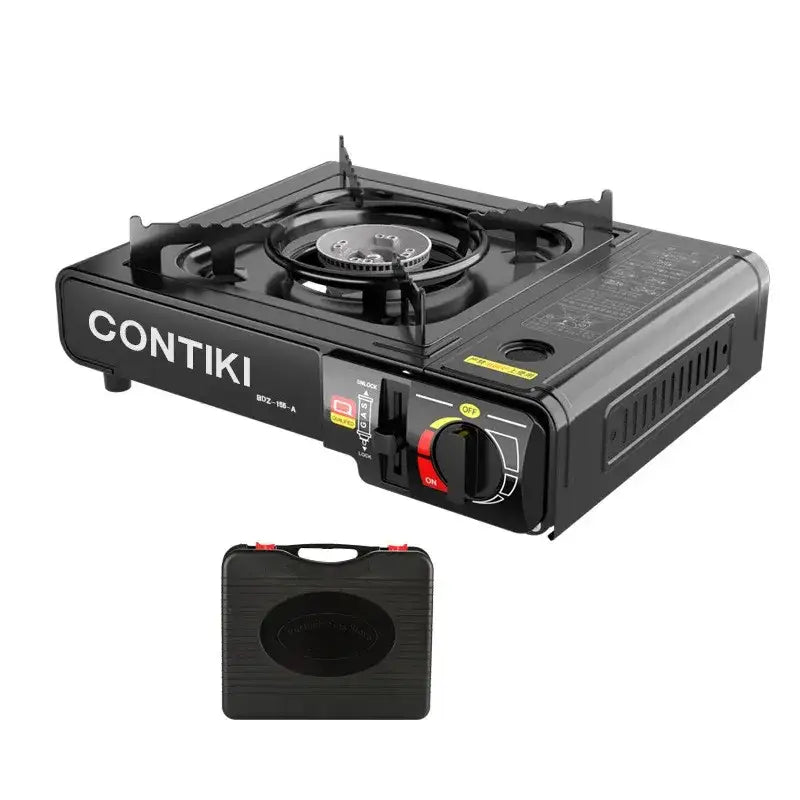 Black contiki portable gas stove with a single burner and control knob.