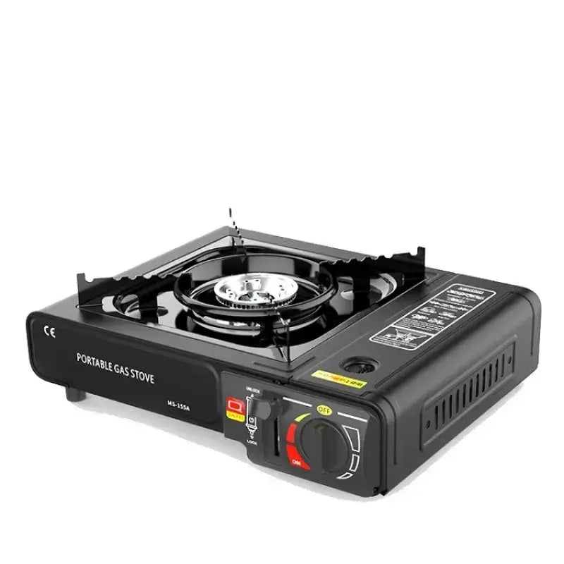 Black portable gas stove with a single burner, featuring a silver-colored ignition knob and control dial.