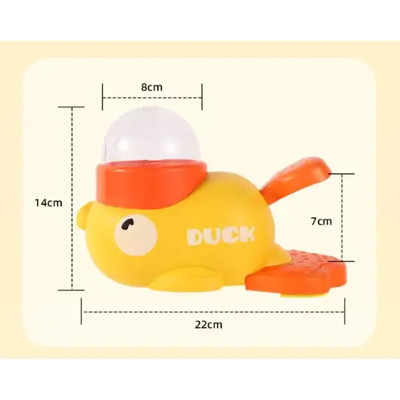 Yellow plastic duck toy with orange beak, feet, and tail fin, featuring a clear dome on its head.