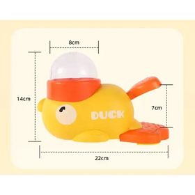 Yellow plastic duck toy with orange beak, feet, and tail fin, featuring a clear dome on its head.
