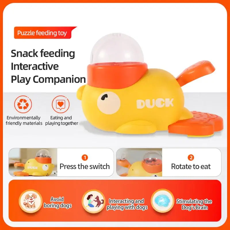 Yellow duck-shaped puzzle feeding toy with orange accents and a clear dome top.