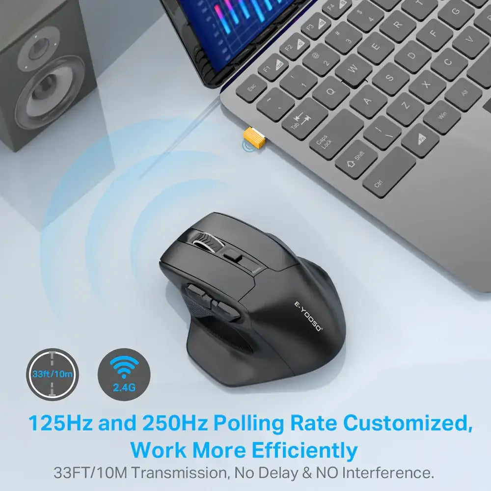 Black ergonomic wireless mouse with textured grip and silver branding