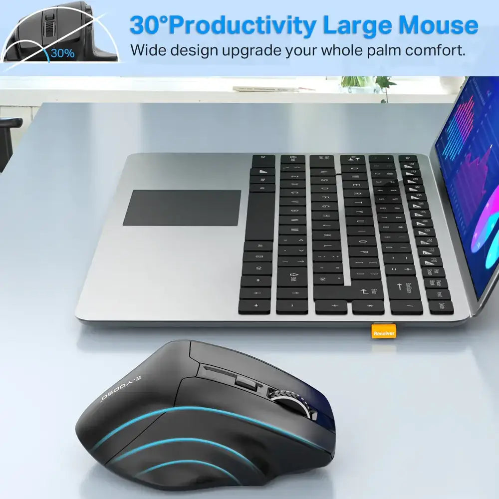Black ergonomic wireless mouse with blue accent lighting and a textured grip surface.