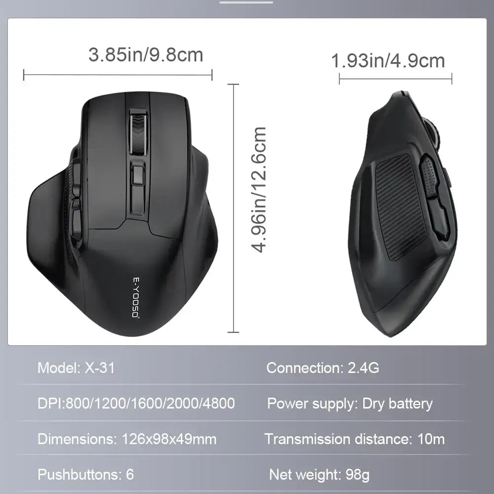 Black ergonomic wireless mouse with textured grip surfaces and multiple programmable buttons.