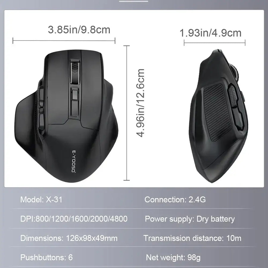Black ergonomic wireless mouse with textured grip surfaces and multiple programmable buttons.