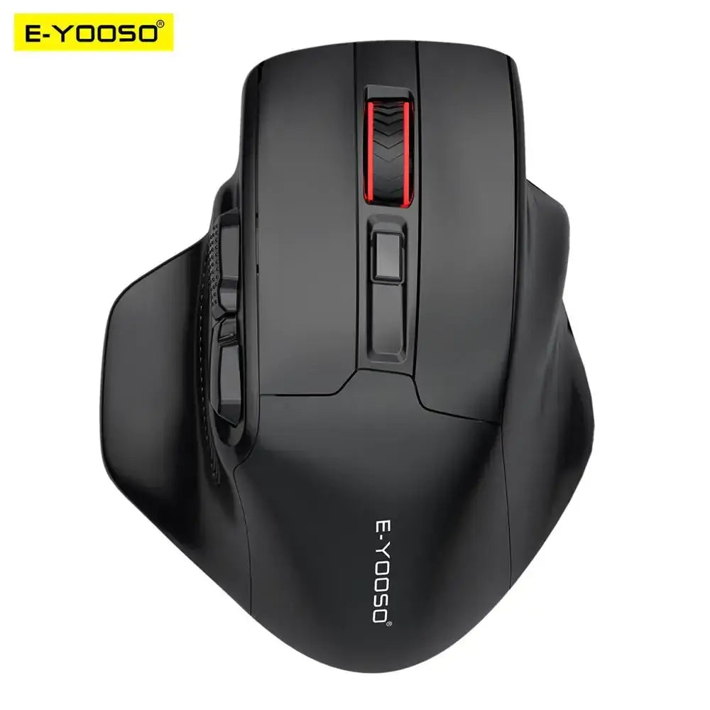 Black ergonomic wireless mouse with red accent on the scroll wheel, featuring a sleek matte finish and multiple programmable buttons.
